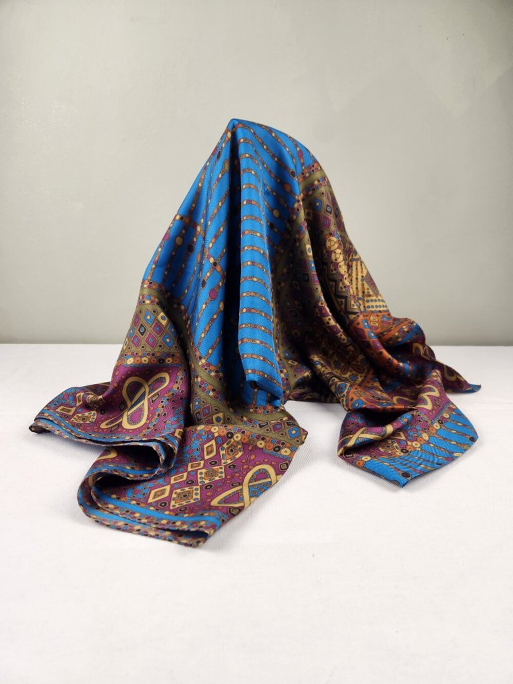 Nicole Miller Silk Scarf 34” Geometric Atomic Print Blue Purple Green Gold Sq